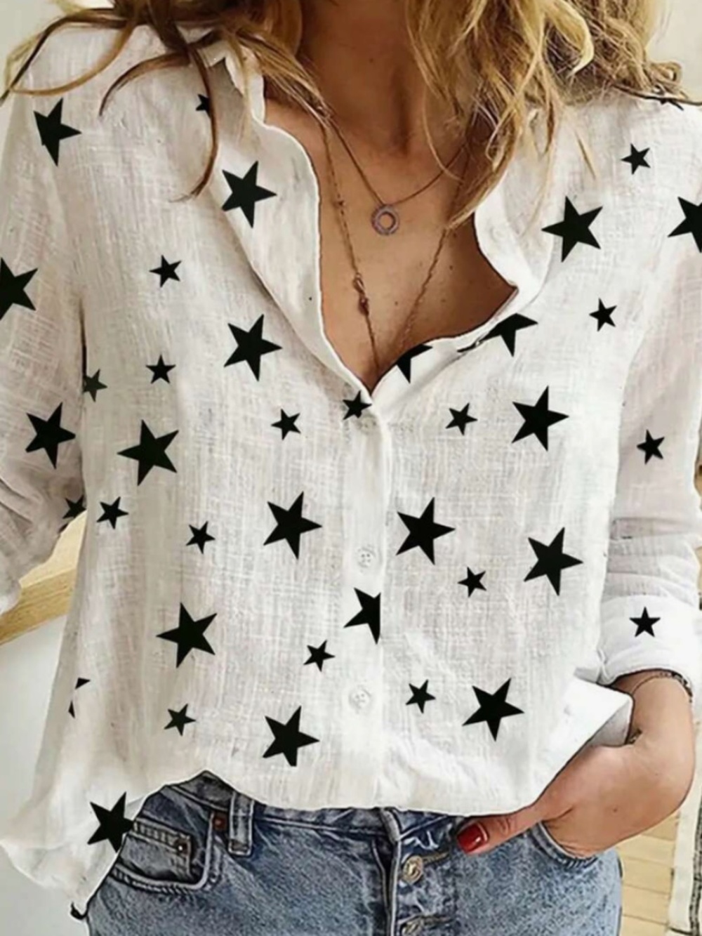 Star Print Button Down Blouse White Black XS Lightweight Chic Casual Top